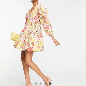 Vibrant Floral Mini Dress with Puff Sleeves